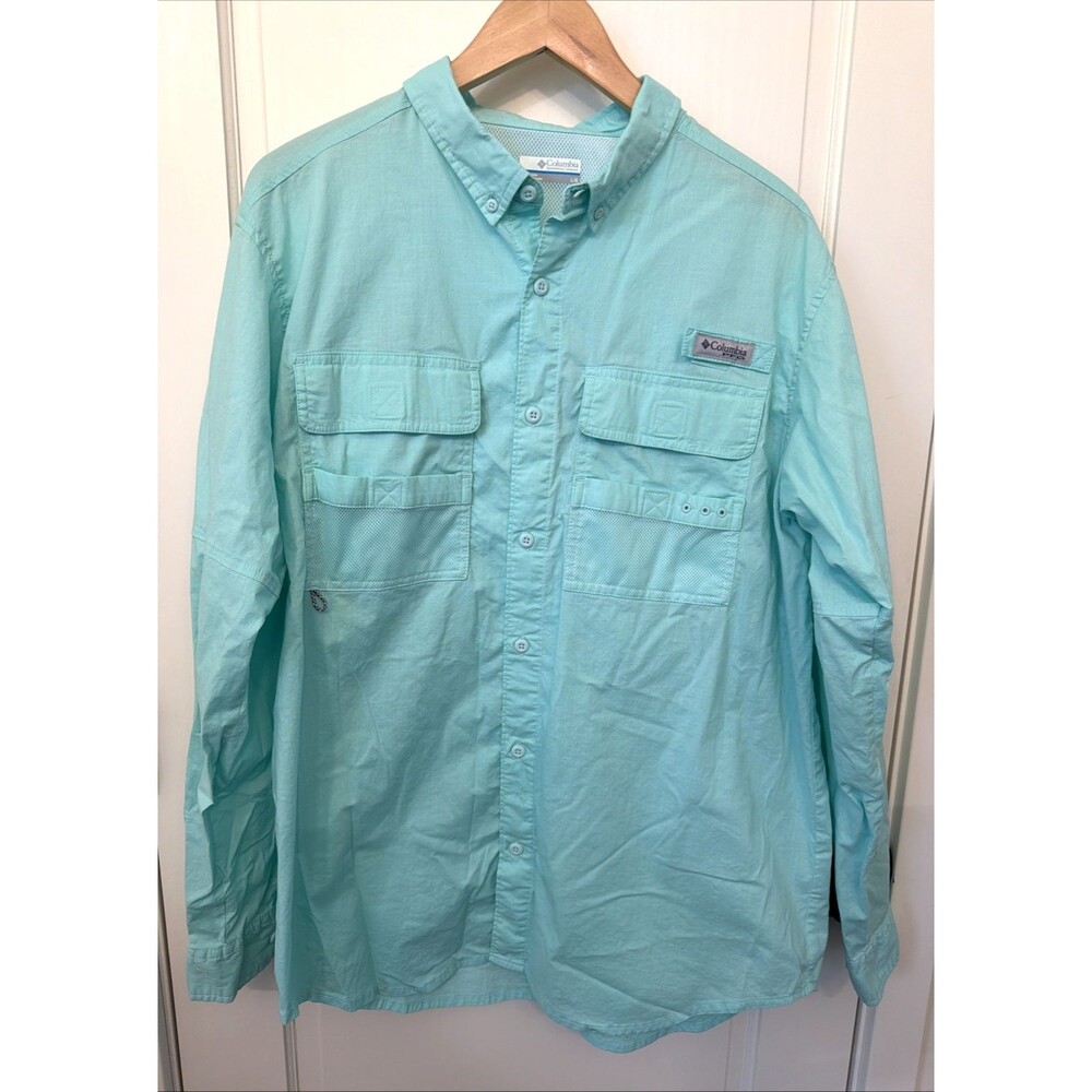 Columbia PFG Mens Breathable Long Sleeve Button Down Shirt L Mint Green Fishing
